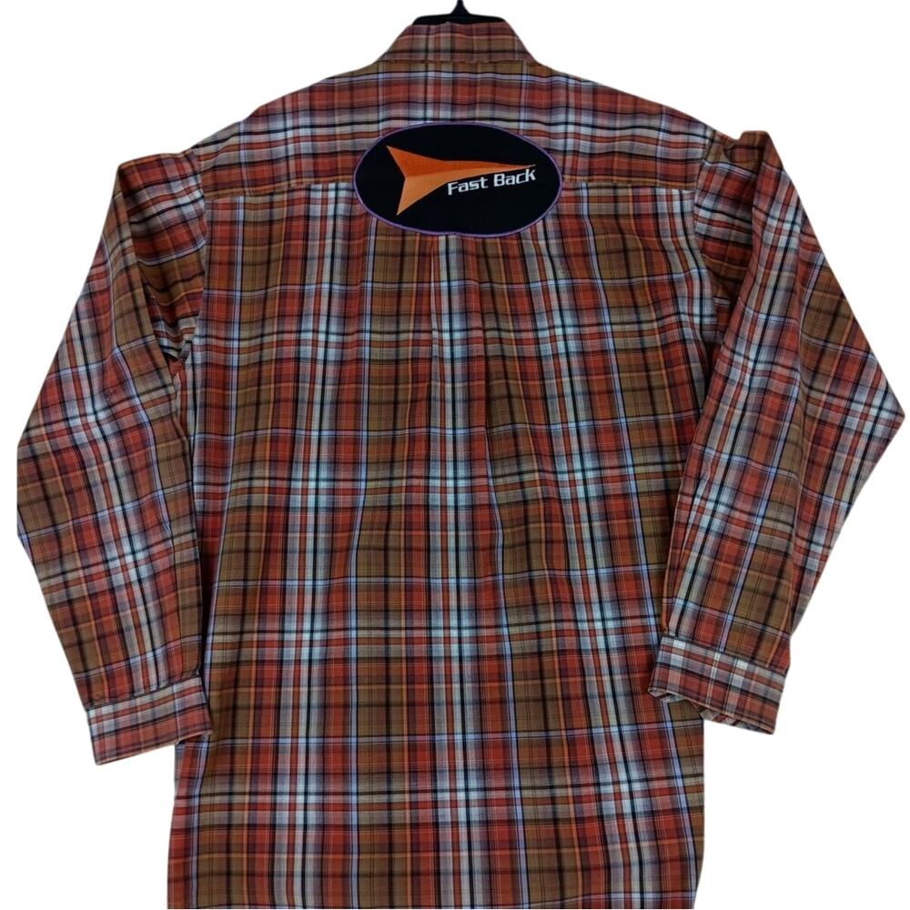 Cinch Fast Back Ropes Shirt Mens Large Red Plaid Pressed‎ Patched Roping Rodeo - Picture 2 of 11